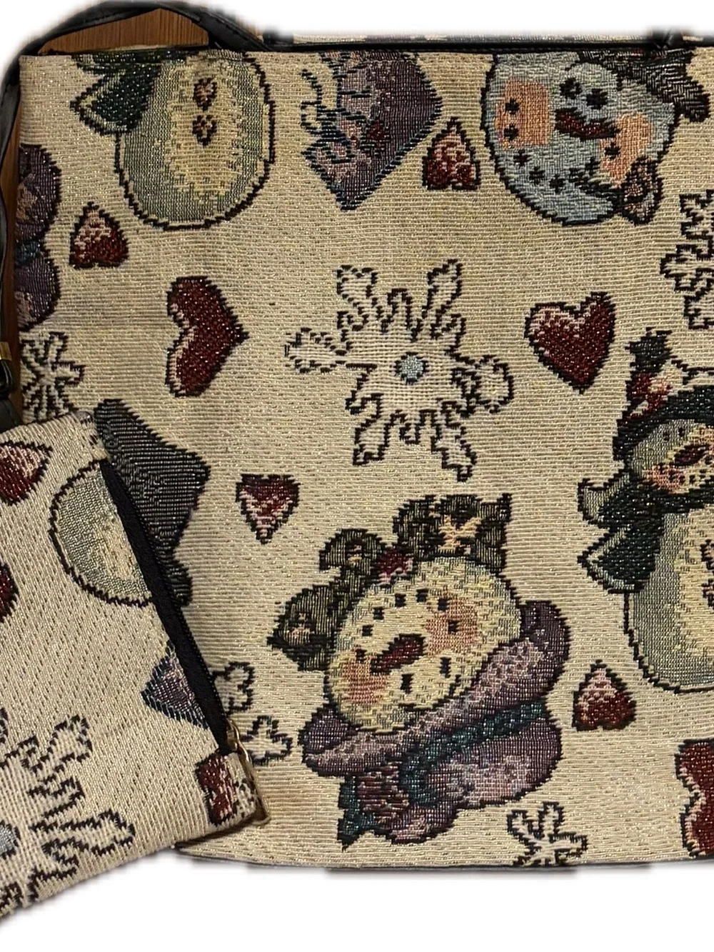 Woven Snowman Pattern Tote Bag with matching coin purse/small wallet
